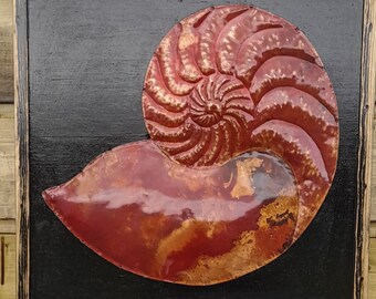 Copper Nautilus Fossil in Red, original artwork by Richard Andreucetti Irish Artist, handmade in the West of Ireland