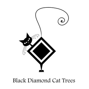 以下が含まれることがあります： ダイヤモンド型の猫用タワーに座っている猫の白黒イラスト。猫は右を見て、いたずらっぽい表情をしています。「Black Diamond Cat Trees」というテキストが画像の下にあります。