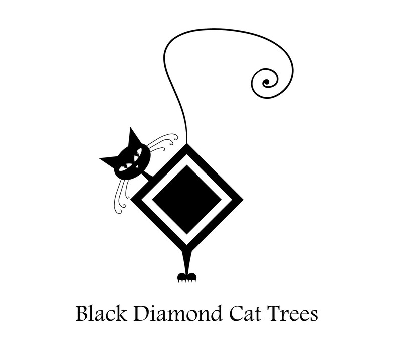 以下が含まれることがあります： ダイヤモンド型の猫用タワーに座っている猫の白黒イラスト。猫は右を見て、いたずらっぽい表情をしています。「Black Diamond Cat Trees」というテキストが画像の下にあります。