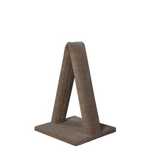 May include: A brown cat scratching post shaped like a triangle with a base measuring 16 inches by 16 inches and a height of 23 inches.  The scratching post is covered in a brown, fuzzy material.