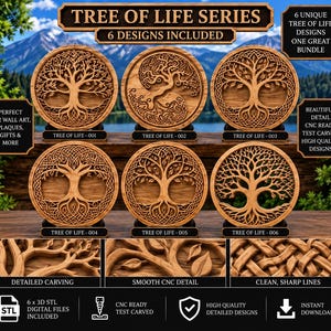 May include: A collection of six circular wooden wall plaques featuring intricate Tree of Life carvings. Each plaque is labelled from Tree of Life-001 to 006. The image includes text detailing a 3D STL digital file bundle for CNC carving projects.