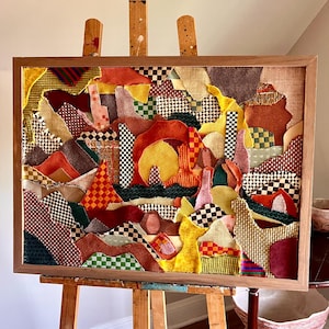 Fabric Collage Wall Hanging, Repurposed Textile Art Home Decor