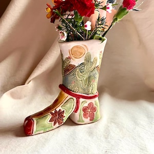 Ceramic Boot Vase, Hand-built Clay Southwestern Theme Vase, Cactus Themed Home Decor