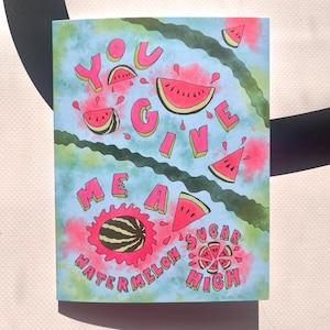 Cartão de felicitações colorido ilustrado com melancia e açúcar, arte com tema de frutas, cartões de verão, cartões de referência de músicas