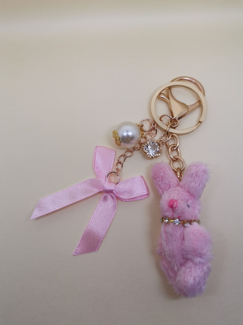 Bag charms handbag charms zipper charms keychains purse zipper pink rabbit soft bunny keyring with a cubic zirconia a gift for her