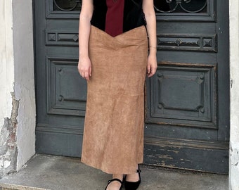 Vintage skirt, genuine leather skirt, suede leather skirt, real leather biege tube skirt,M L midi skirt, long leather skirt