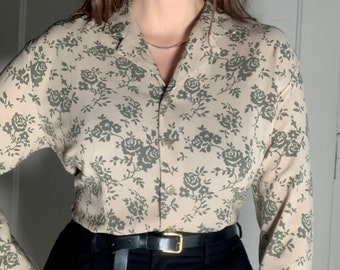 Vintage 70s floral wool viscose blouse shirt L M creamy taupe khaki olive green pattern 40 38