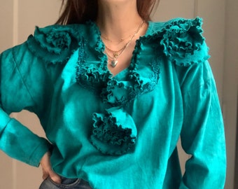 Vintage slouchy turquoise 80s blouse funky artistic art Express los angeles unique oversized tie dye long sleeve cotton flowers