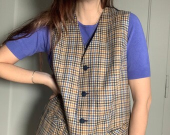 Vintage unisex oversize lat 80. wzór pepitki pasterska krata niebiesko-brązowa wełniana kamizelka XL smart casual