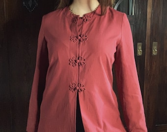 Vintage silk coat tunic Chinese shirt blouse red silk knots buttons M 38