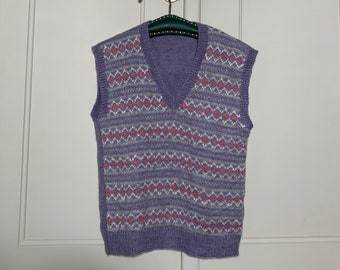 Vintage wool handmade knitted top vest lavender pastel pattern pink pale M pure wool hand knitted mohair boxy