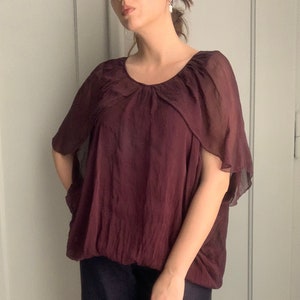 Vintage bordowa bluzka z czystego jedwabiu, jedwabne kimono, top seide, top seta, włoski