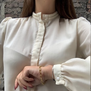70s wool blend ecru off white cream blouse high collar buff sleeves M 38 classy top blouse shirt Puritan Victorian
