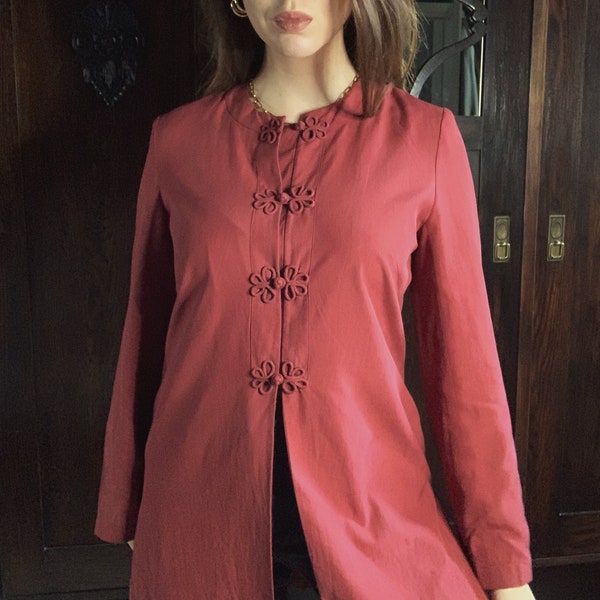 manteau de soie vintage tunique chemise chinoise chemisier rouge nœuds de soie boutons M 38