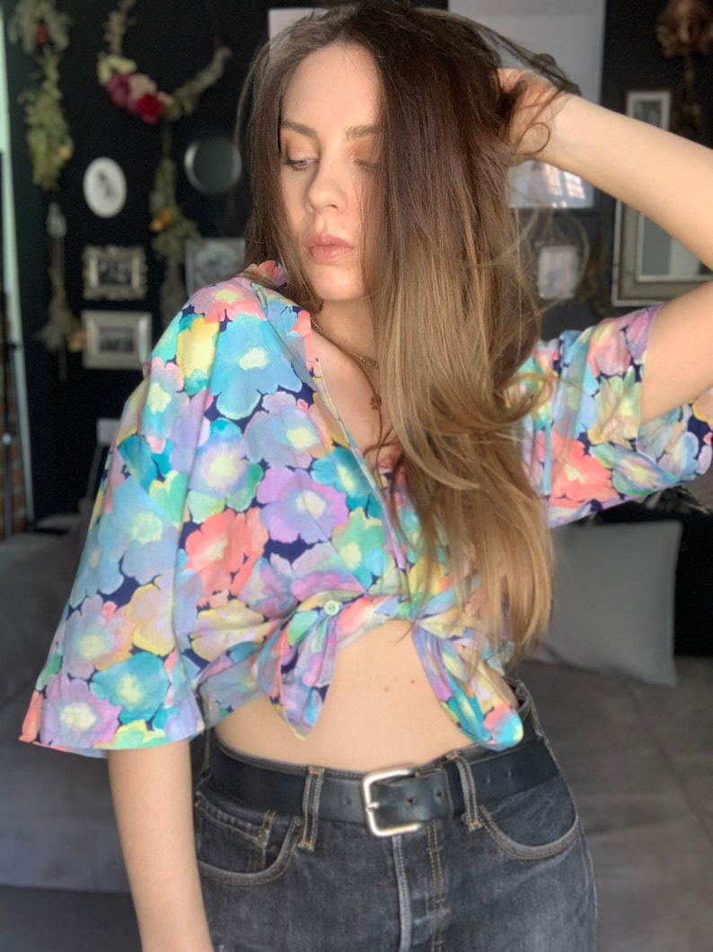 80s boxy cotton floral pastel Top blouse shirt short sleevs XXL oversized 44