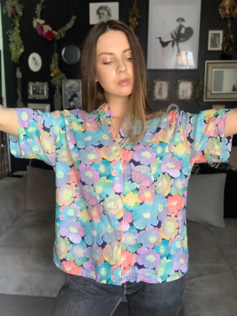 80s boxy cotton floral pastel Top blouse shirt short sleevs XXL oversized 44