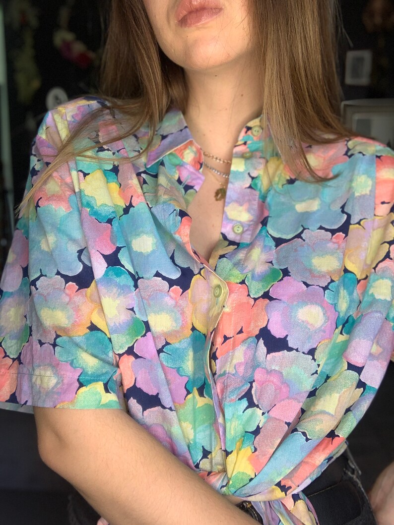 80s boxy cotton floral pastel Top blouse shirt short sleevs XXL oversized 44