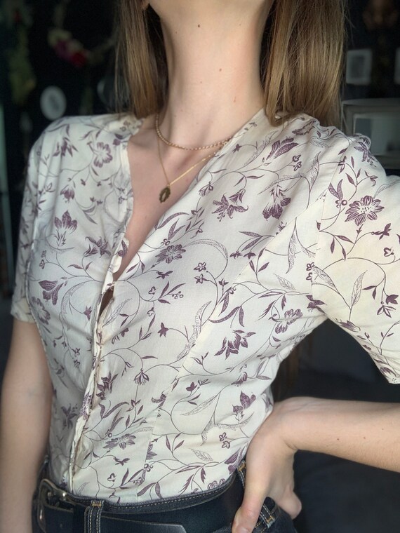 70s floral viscose blouse S creamy 36 - image 5