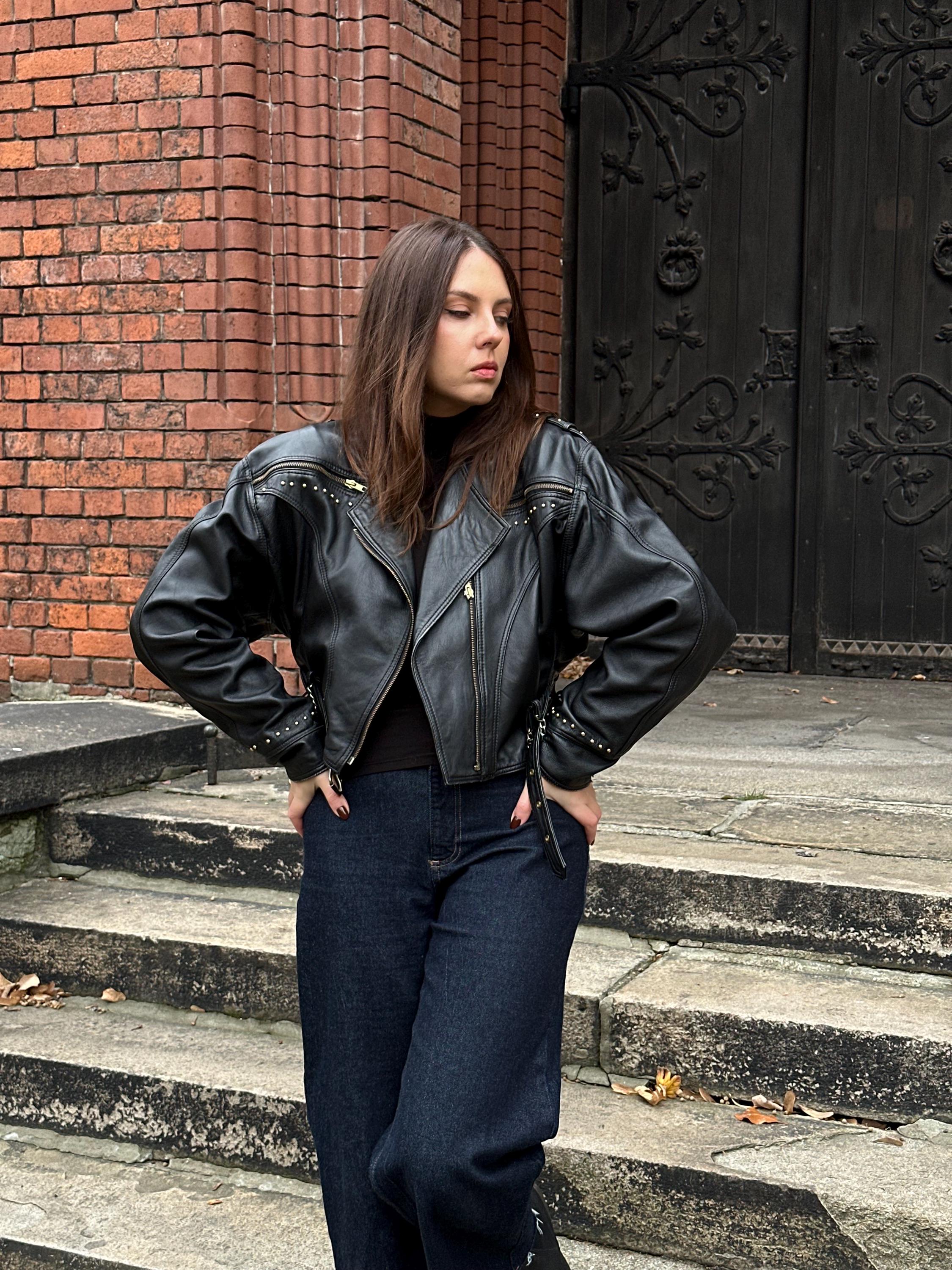70s Leather Jacket Brown Biker Spiked Jacket Vintage Rider Genuine