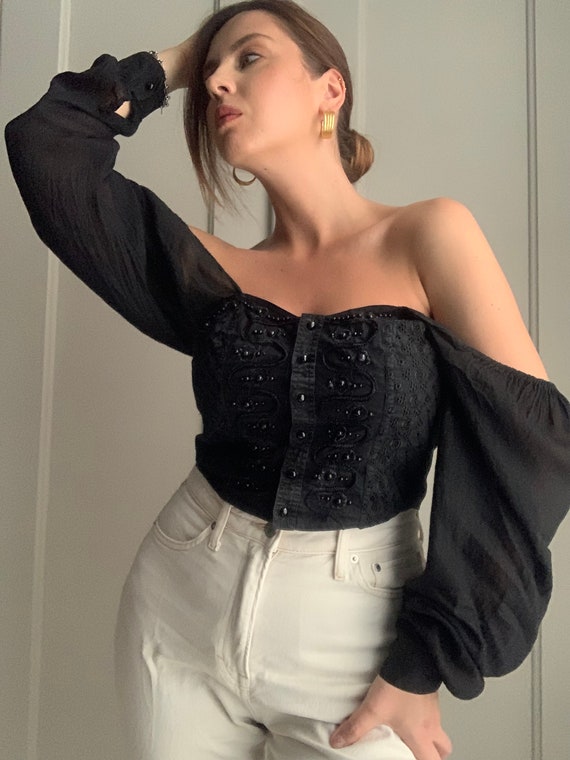 Black vintage romantic gothic blouse cotton corse… - image 4
