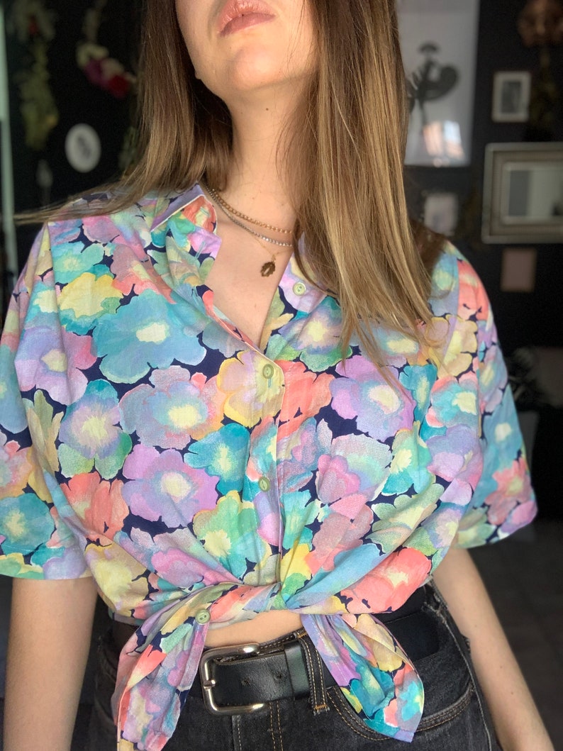 80s boxy cotton floral pastel Top blouse shirt short sleevs XXL oversized 44