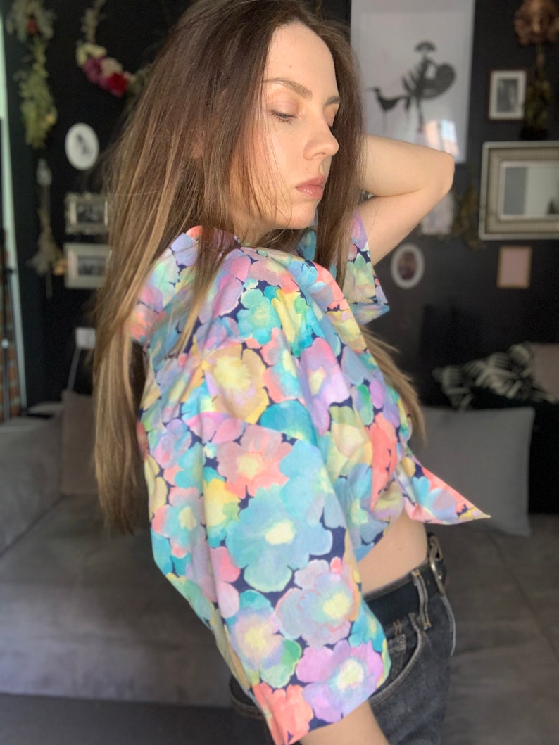 80s boxy cotton floral pastel Top blouse shirt short sleevs XXL oversized 44