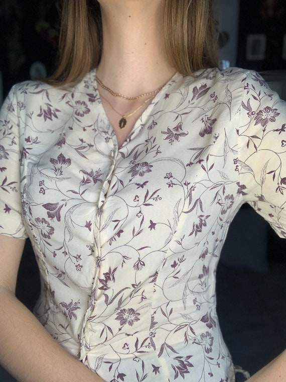 70s floral viscose blouse S creamy 36 - image 2