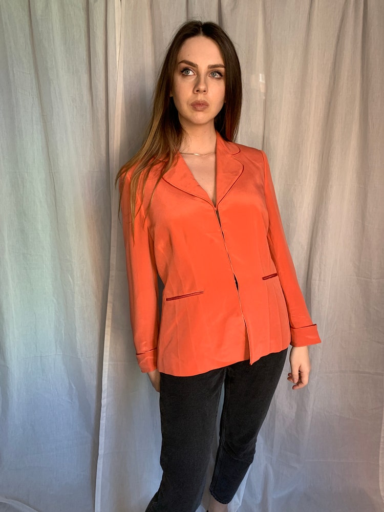 Blazer camicetta cappotto corallo color pesca in pura seta vintage M L deadstock