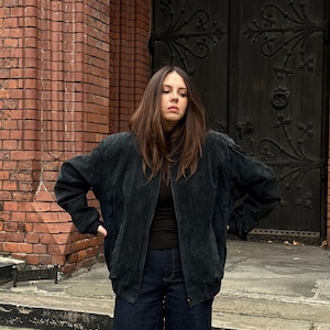 Blouson en cuir véritable vintage des années 90, blouson en cuir véritable, blouson aviateur en daim, blouson en cuir bleu marine, blouson aviateur en cuir, blouson en daim bleu