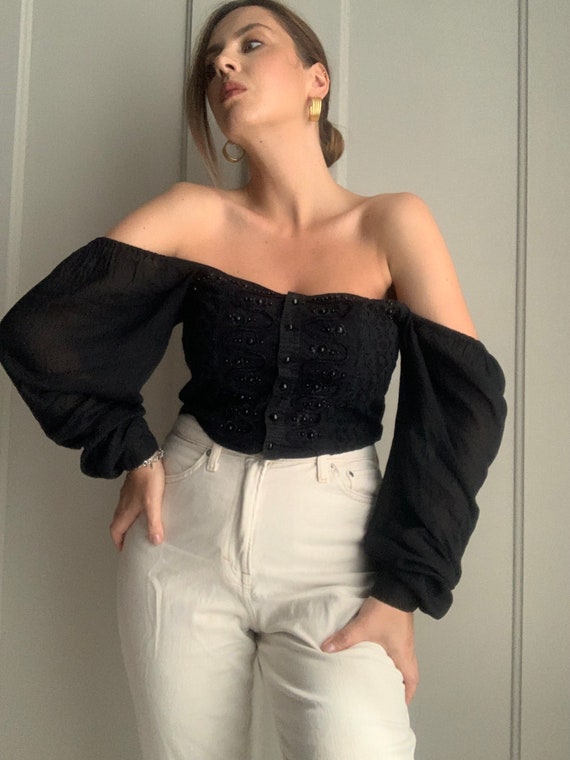 Black vintage romantic gothic blouse cotton corse… - image 2
