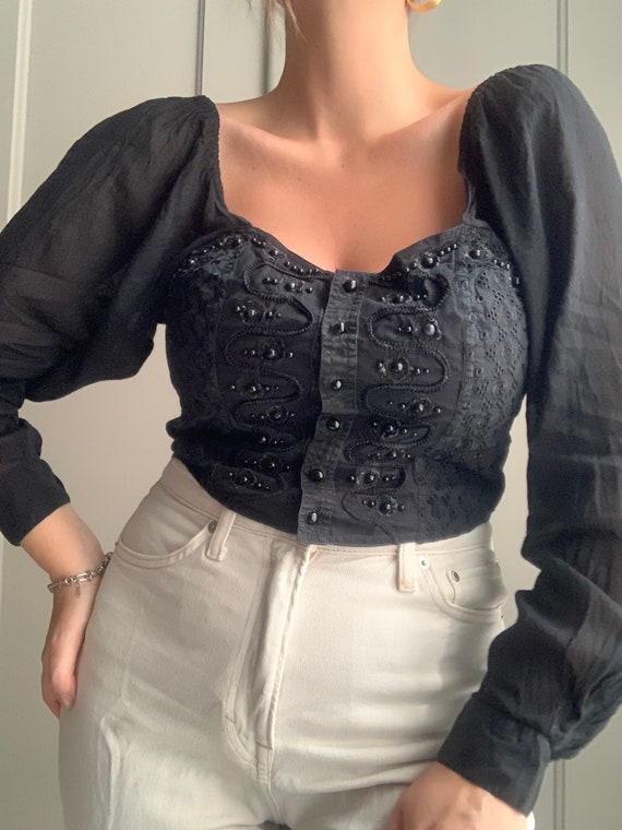 Black vintage romantic gothic blouse cotton corse… - image 3