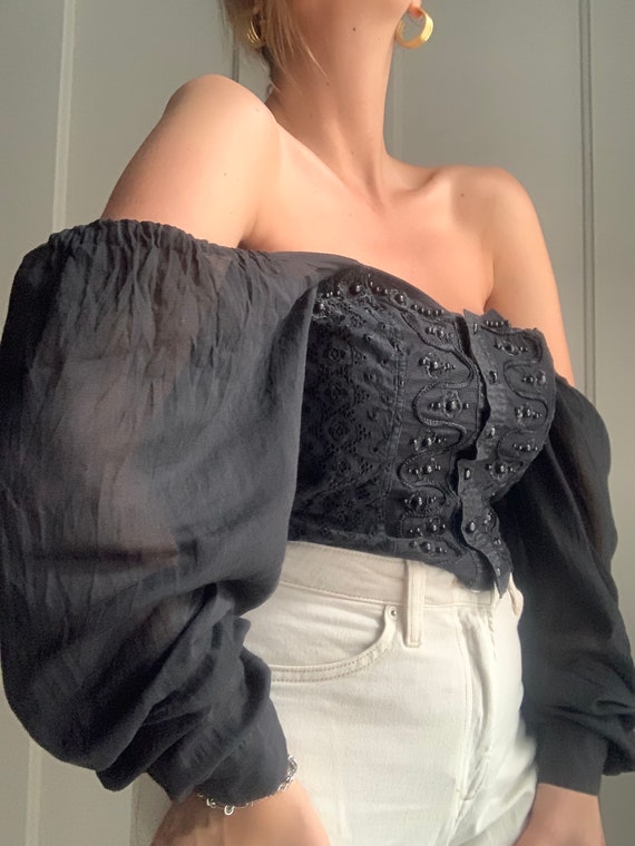 Black vintage romantic gothic blouse cotton corse… - image 6