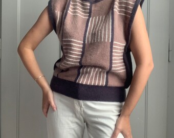 Vintage angora wool Brown melange boxy top sweatet turtleneck kimono sleevs fluffy chocolate jumper vest knitted