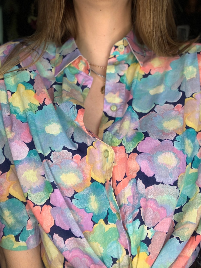 80s boxy cotton floral pastel Top blouse shirt short sleevs XXL oversized 44