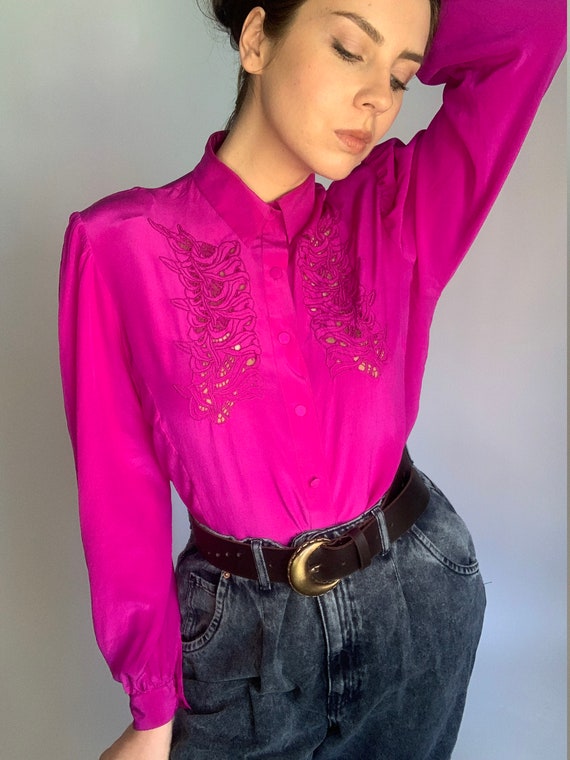 70s pure silk fuchsia laces buff sleeve blouse col