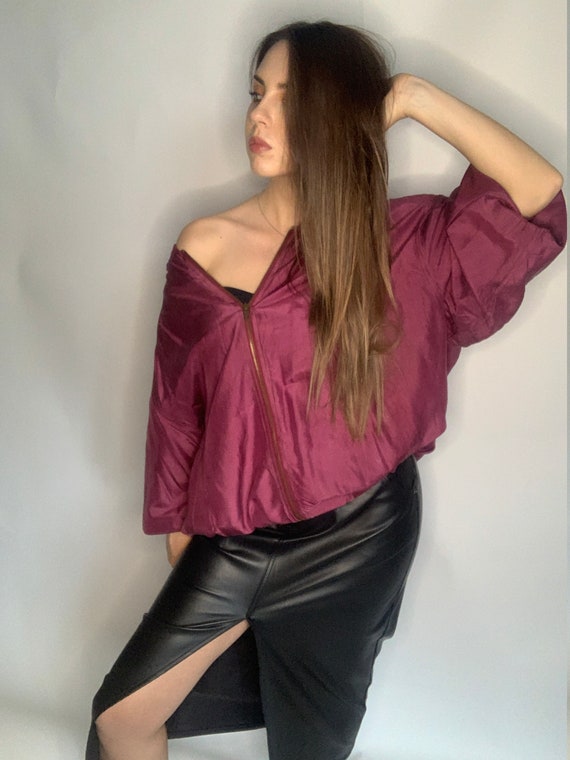Pure silk bomber oversized burgundy jacket with z