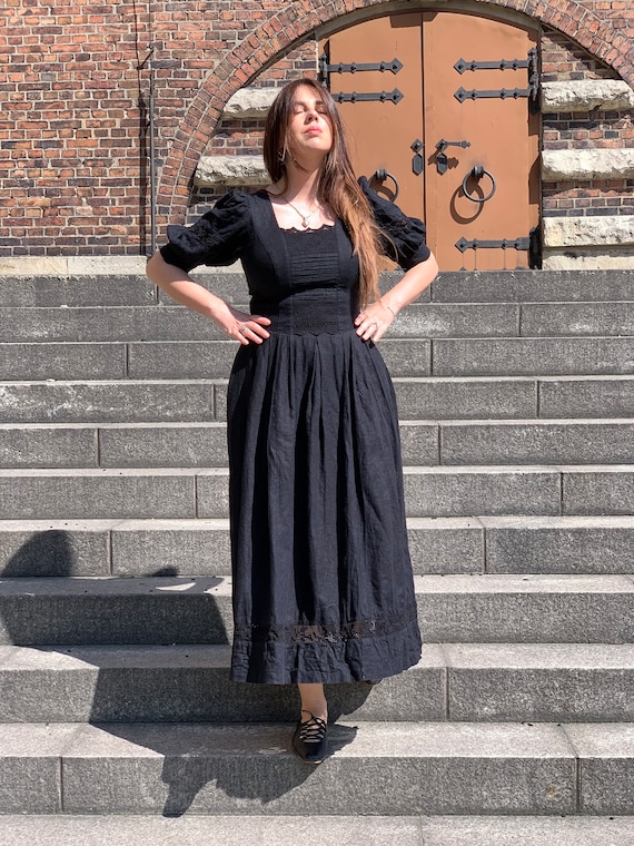 Vintage Unique Austrian Linen Maxi Midi Dress Pleated Ambroidery Laces  Black Long M 38 Short Buff Sleevs - Etsy