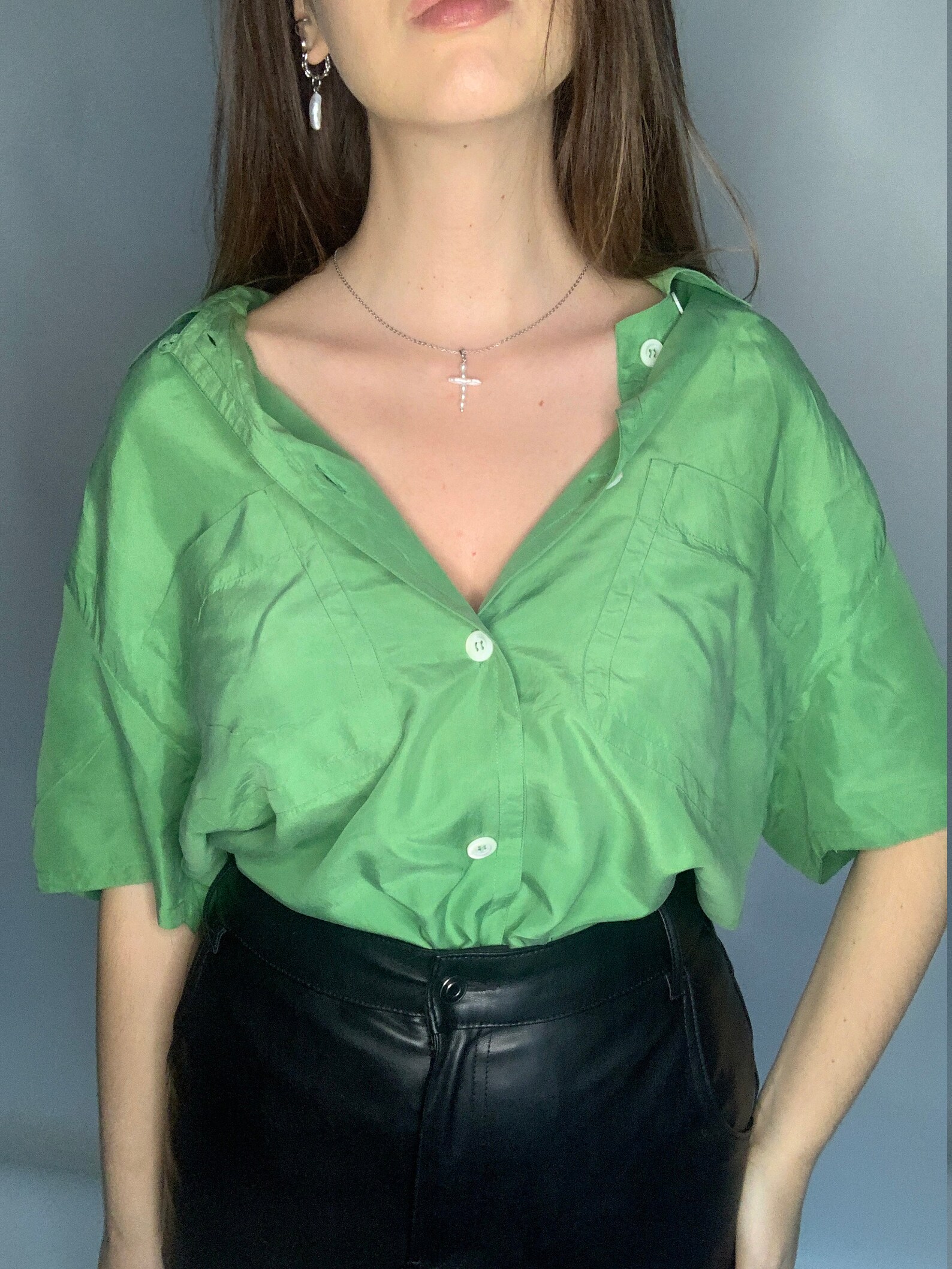 kelly green silk shirt