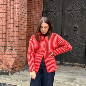 Vintage red sweater, hand made wool sweater, wool red cardigan, wool knitted cardigan, knitted coat, red knitted sweater, handmade cardigan