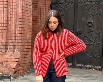 Vintage red sweater, hand made wool sweater, wool red cardigan, wool knitted cardigan, knitted coat, red knitted sweater, handmade cardigan