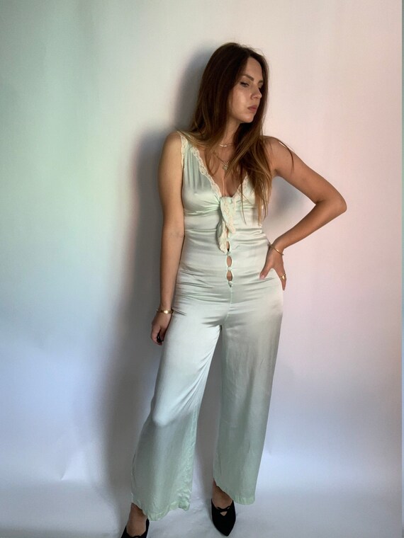 Vintage french 100% silk pajamas jumpsuit minty la