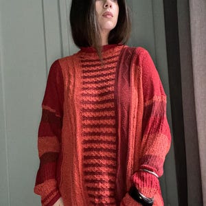 Suéter rojo de punto vintage, jersey rojo vintage, jersey de punto vintage, jersey rojo holgado, jersey rojo de gran tamaño, jersey naranja estampado XL