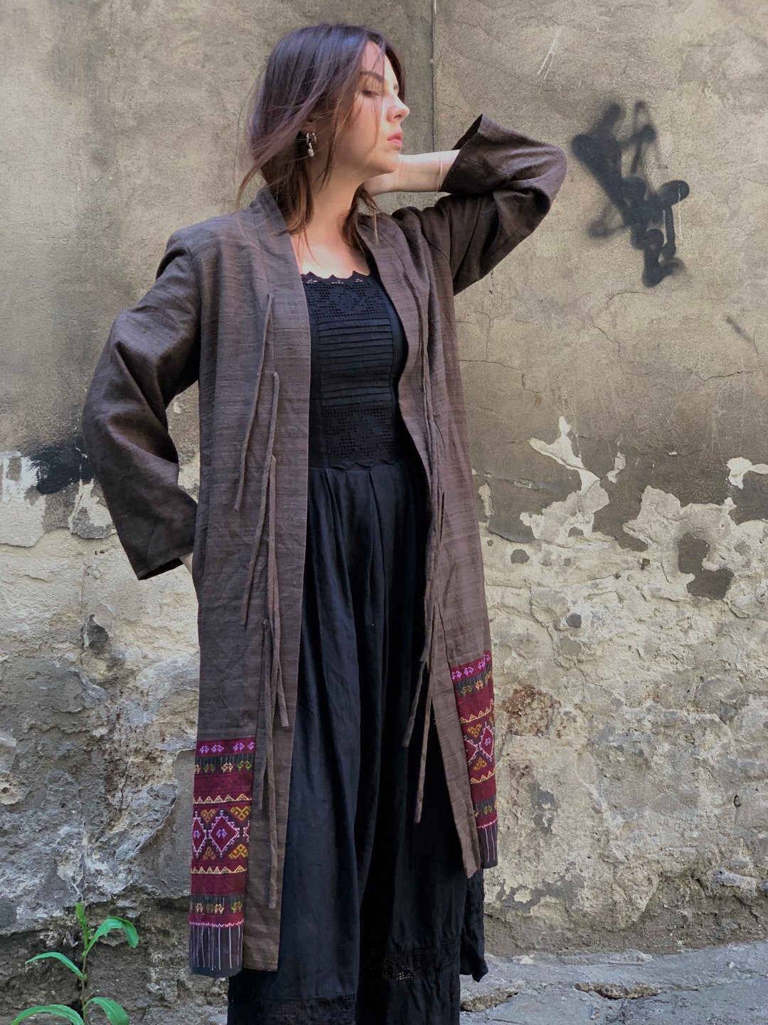 Wrapper Coat Vintage Pure Silk Brown Coat Wrapper Seide Silk Embroidery One Size ...