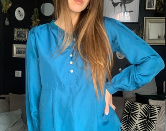 Vintage czysty jedwabny top z długim rękawem w kolorze akwamaryny M