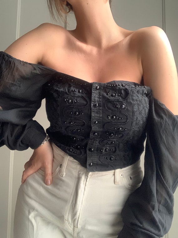 Black vintage romantic gothic blouse cotton corse… - image 7