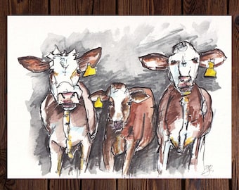 The Three Cows - India Ink Painting, Hand Made - Unframed Wall Art