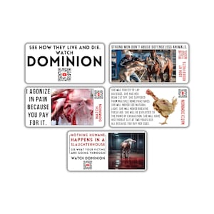 Vegan activist sticker mix pack (watch dominion qr code youtube, rodeo animal abuse, dead pig blood, egg industry, nothing humane slaughter)