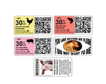 Vegan activist stickers mix pack (Qr code discount Dominion chicken fish pig, piglet agonizing meat industry, missing calf dairy industry)