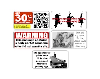 Vegan activist stickers mix pack (fake discount Qr code, hanged cow pig chicken cruelty, Warning body part, calf mother separated, egg)