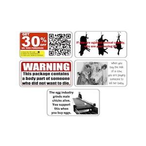 Vegan activist stickers mix pack (fake discount Qr code, hanged cow pig chicken cruelty, Warning body part, calf mother separated, egg)